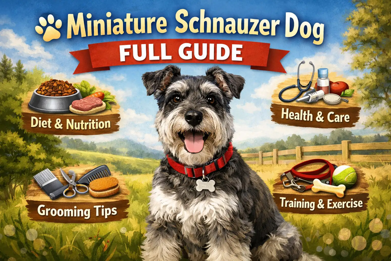 Miniature Schnauzer dog standing alert with a wiry coat, beard, and eyebrows, showing the breed’s small size, confident posture, and classic breed features