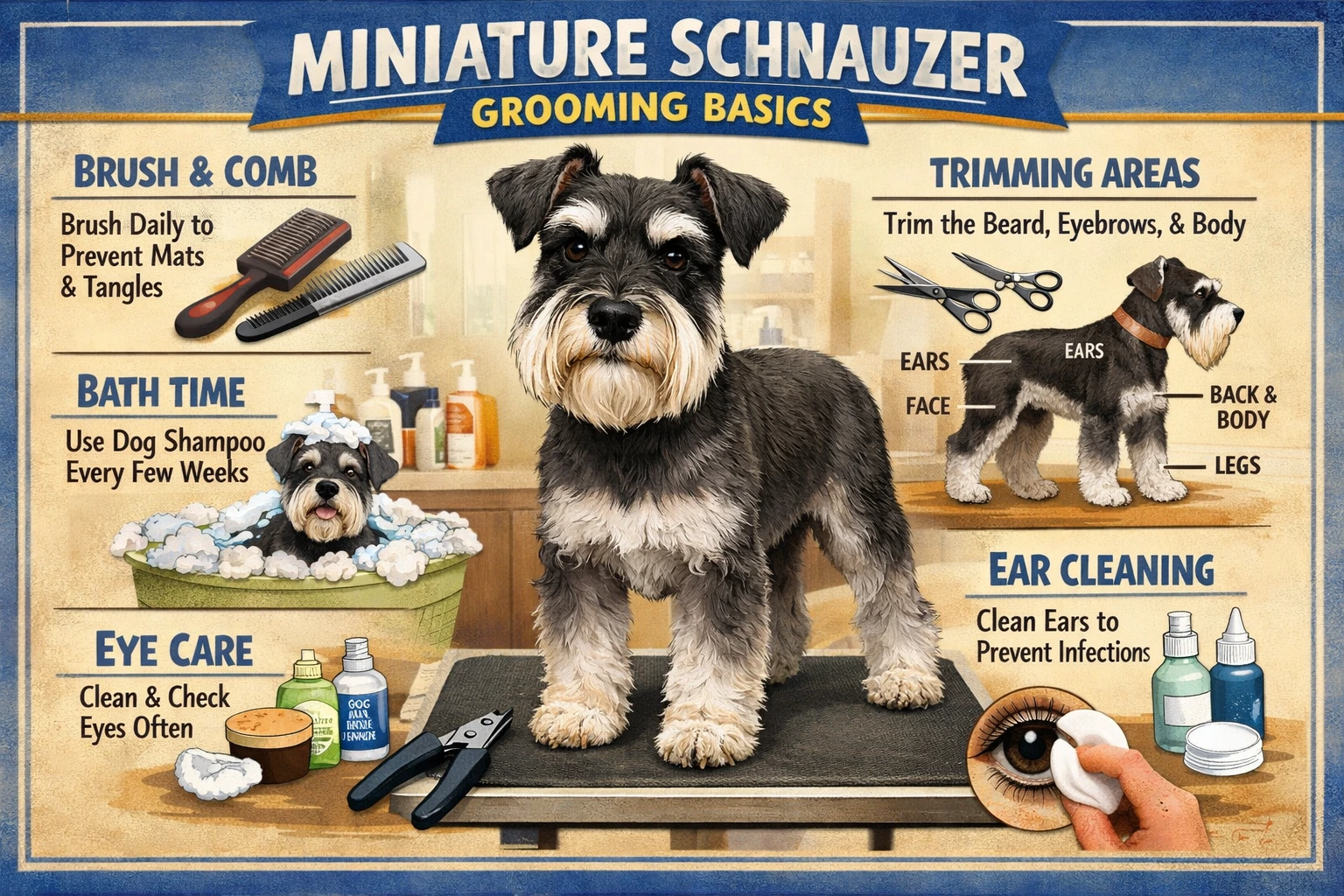 Miniature Schnauzer being brushed at home as part of a regular grooming routine