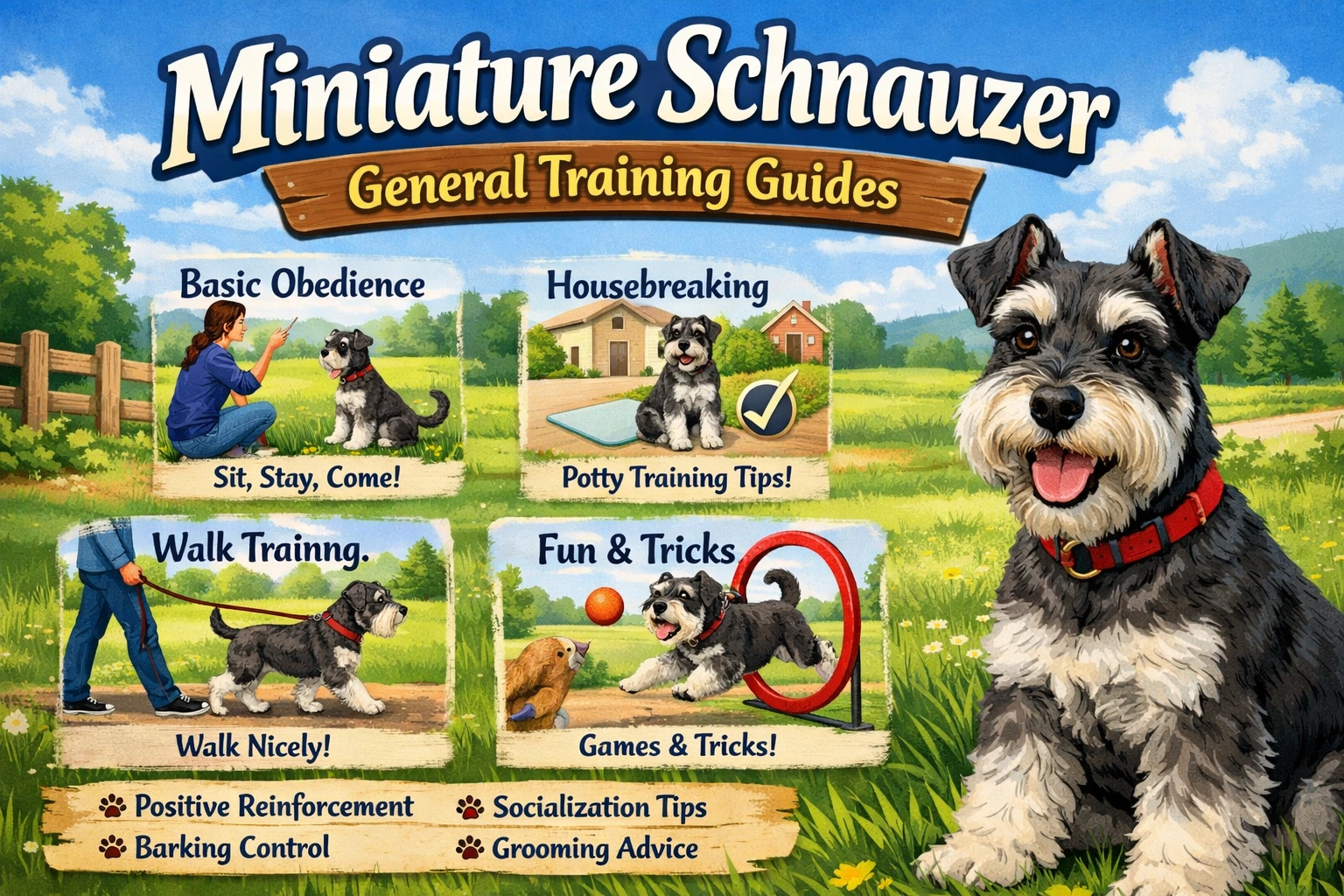Miniature Schnauzer learning obedience training at home with a focused owner