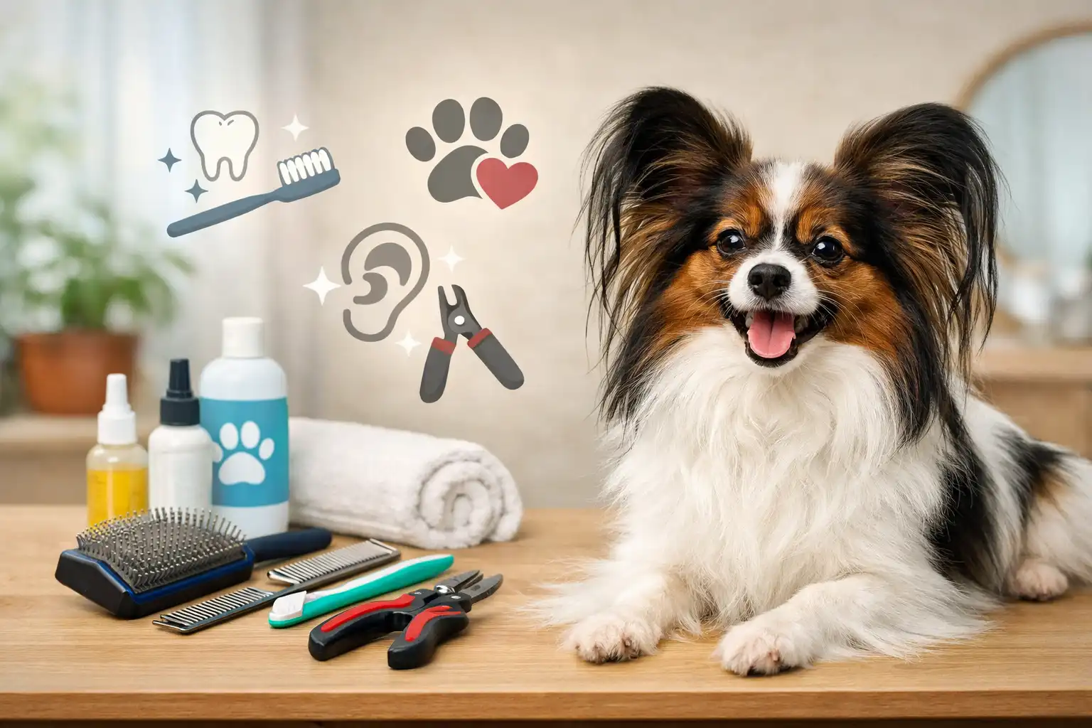 Papillon grooming guide showing coat brushing, shedding care, haircut needs, and coat maintenance for a Papillon dog