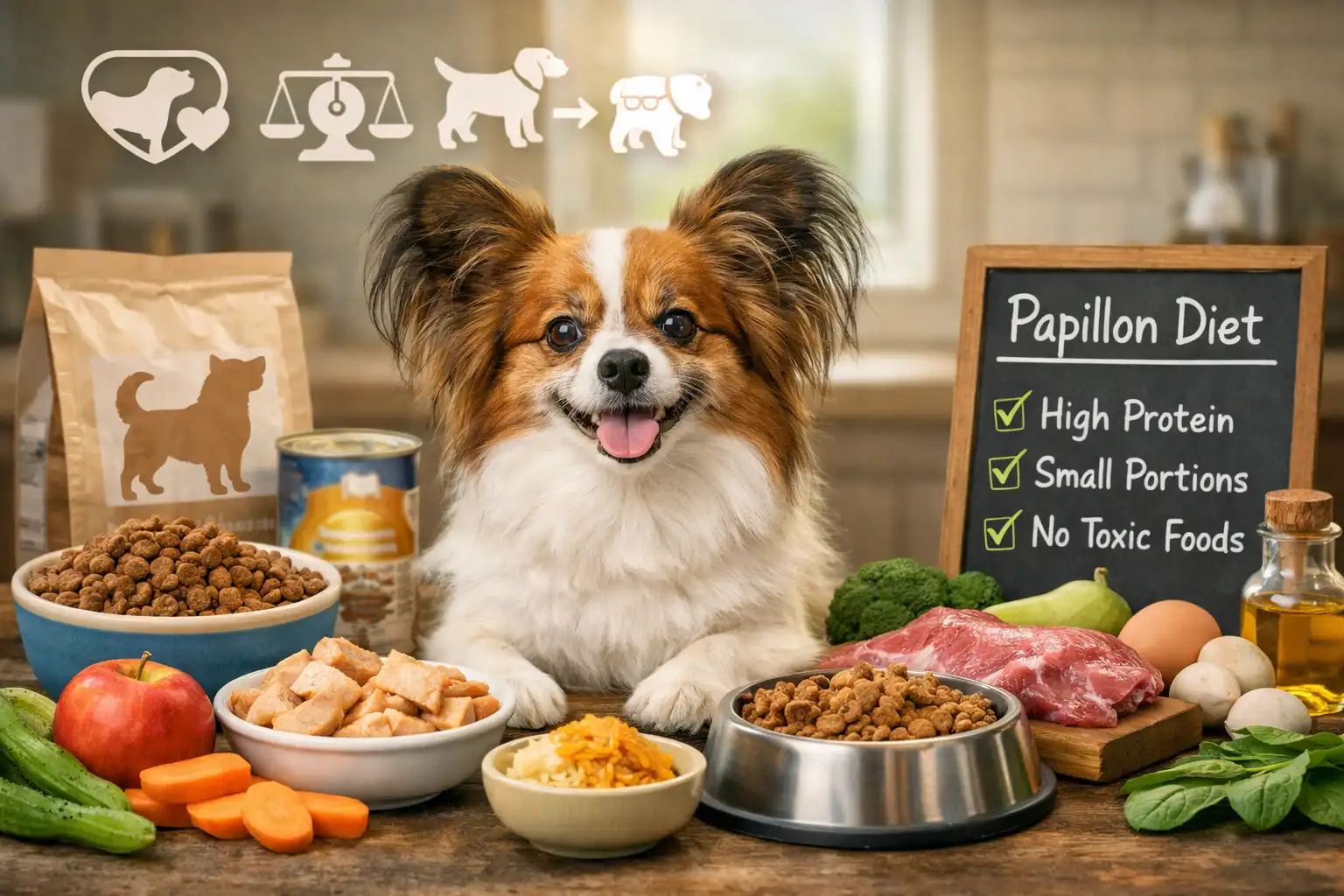 Papillon age chart showing human years comparison, lifespan stages, and senior aging milestones for the Papillon dog breed