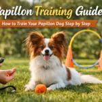 Papillon training guide covering puppy training, obedience commands, barking control, potty training, socialization, and behavior tips
