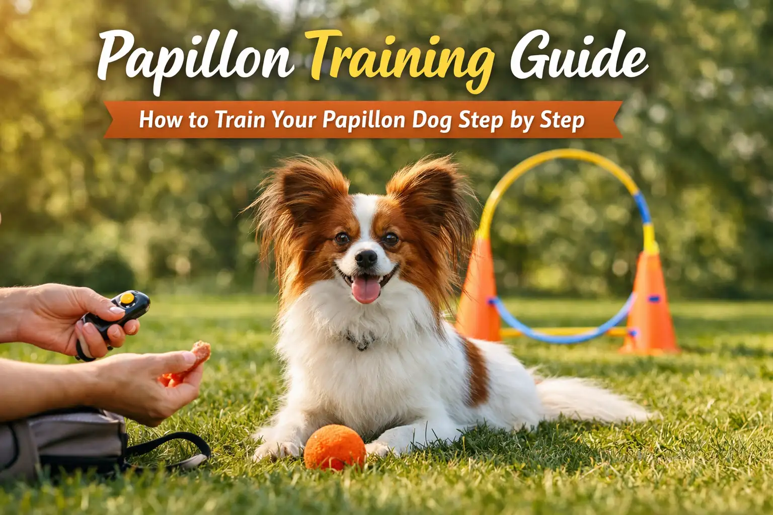 Papillon training guide covering puppy training, obedience commands, barking control, potty training, socialization, and behavior tips