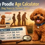 Toy Poodle age calculator illustration showing a happy Toy Poodle with an age chart comparing dog years to human years