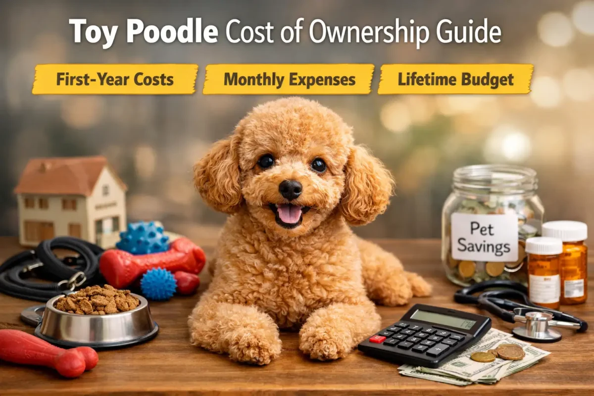 Happy Toy Poodle sitting beside dog supplies, money, and a calculator, representing Toy Poodle cost of ownership and budgeting.