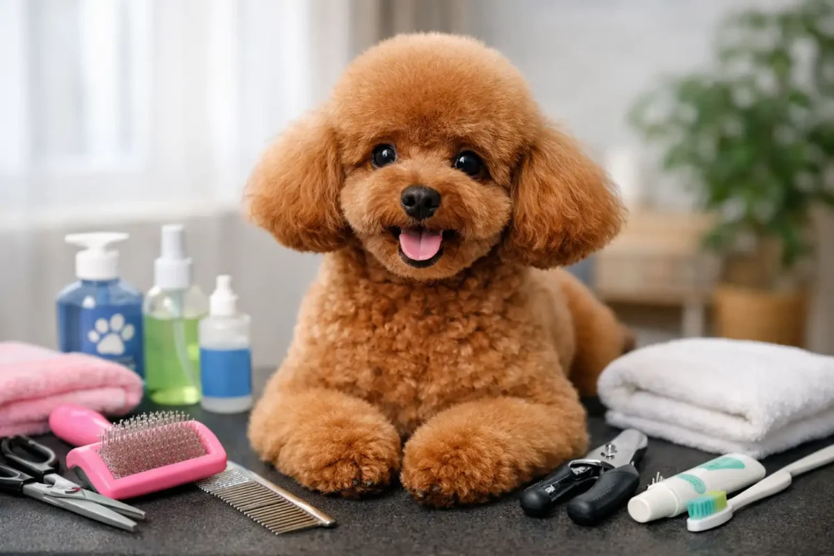 toy poodle grooming at home with brushes and tools