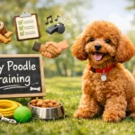 Toy Poodle training with a happy small poodle sitting outdoors near training tools and looking alert and friendly