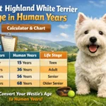 West Highland White Terrier age in human years chart showing Westie dog ages compared with human age stages