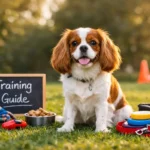 Cavalier King Charles Spaniel puppy sitting outdoors during a positive reinforcement training session with treats and toys