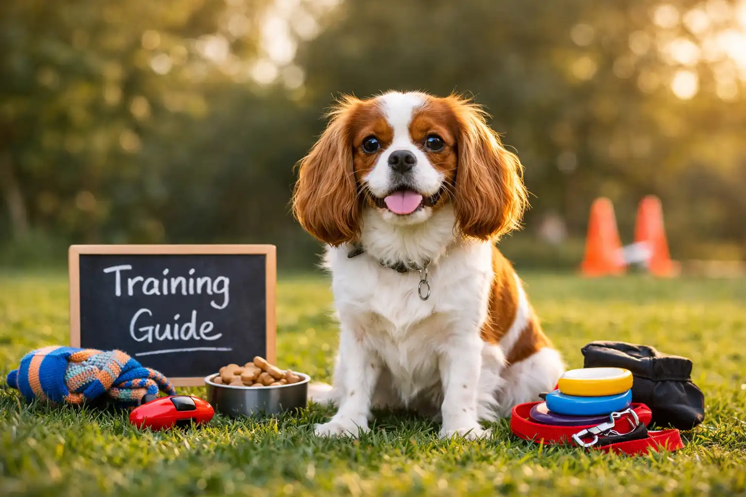 Cavalier King Charles Spaniel puppy sitting outdoors during a positive reinforcement training session with treats and toys