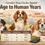 Cavalier King Charles Spaniel age chart showing dog age, human years, and puppy, adult, and senior life stages