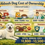 Adult Akbash dog standing outdoors, showing its large size and white coat, representing ownership costs