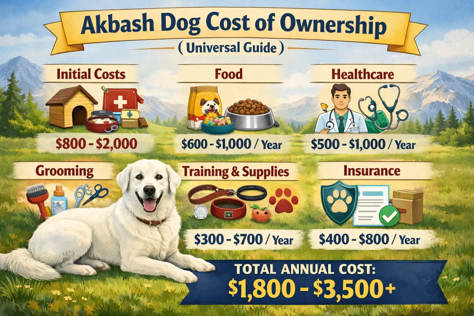 Adult Akbash dog standing outdoors, showing its large size and white coat, representing ownership costs