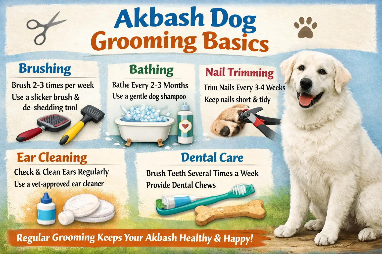 An adult Akbash dog being brushed at home, showing its thick double coat