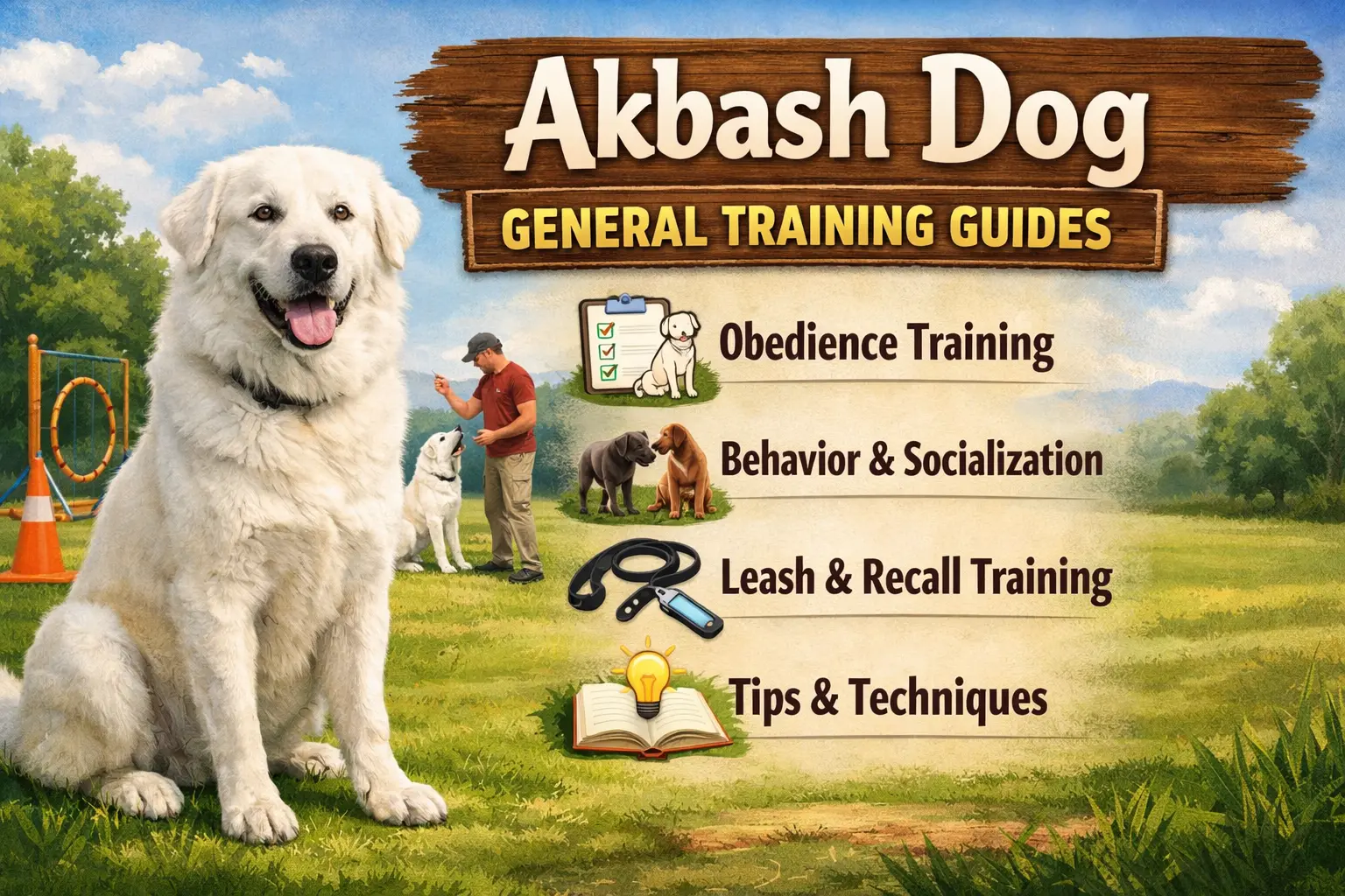 Adult Akbash dog learning obedience commands during a training session