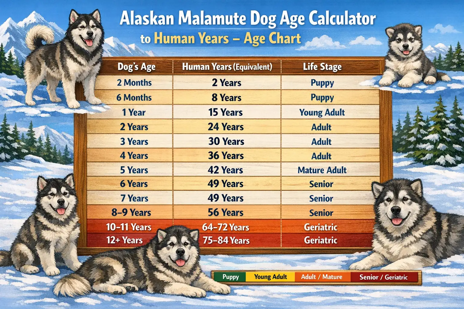 Alaskan Malamute age in human years calculator and age conversion chart