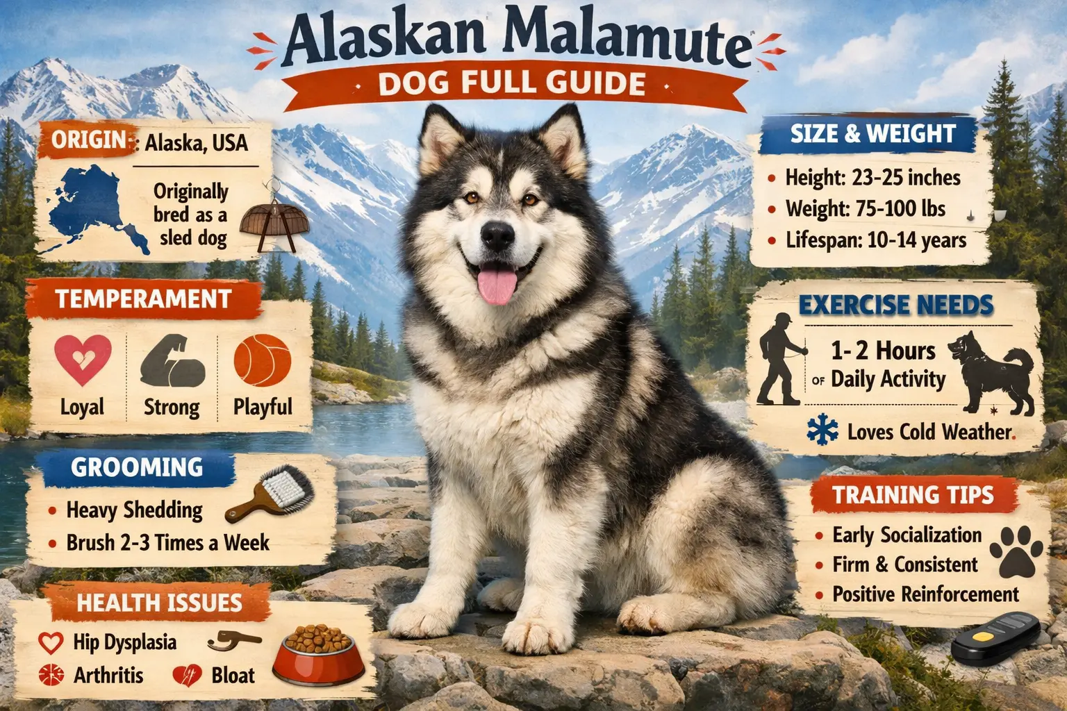 Adult Alaskan Malamute dog standing outdoors showing breed characteristics, size, coat, and appearance