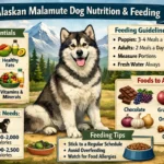 Alaskan Malamute feeding chart showing recommended food portions and calorie requirements by age and weight