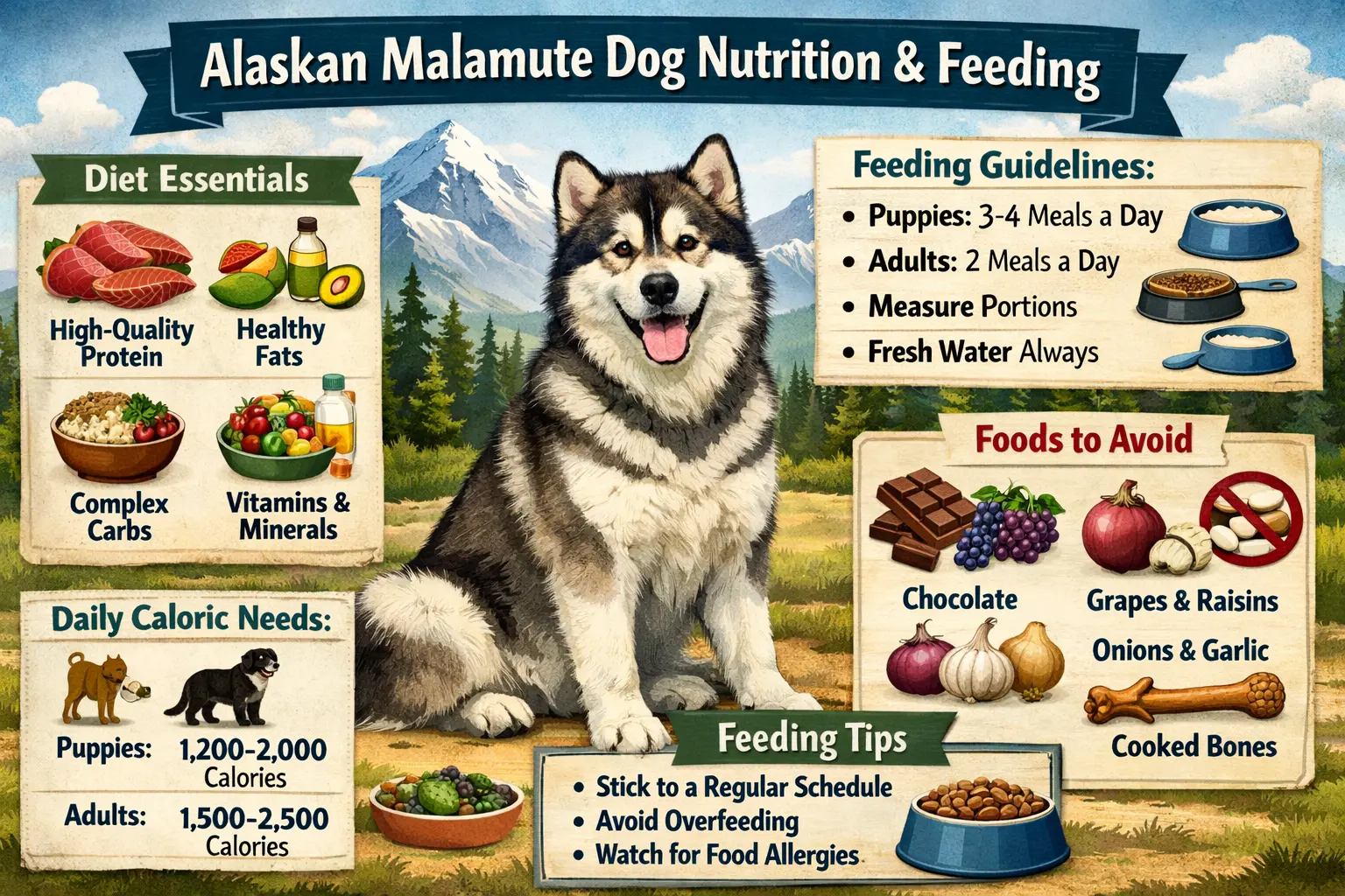 Alaskan Malamute feeding chart showing recommended food portions and calorie requirements by age and weight