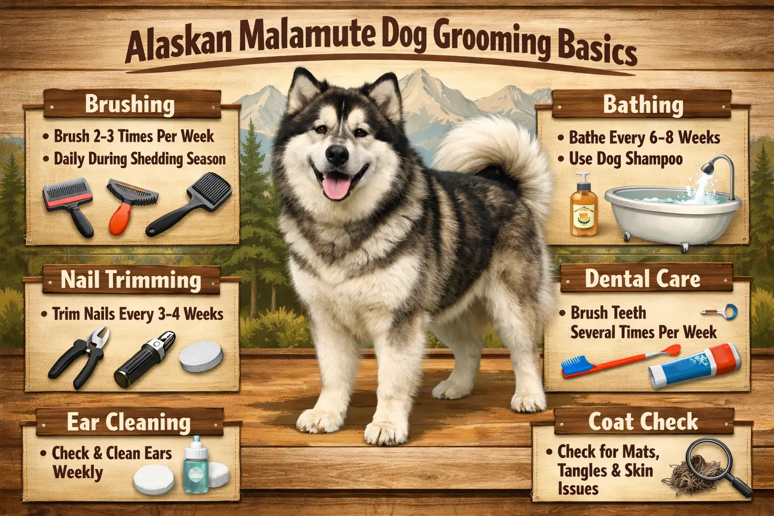 Alaskan Malamute being brushed to maintain a healthy double coat and reduce shedding