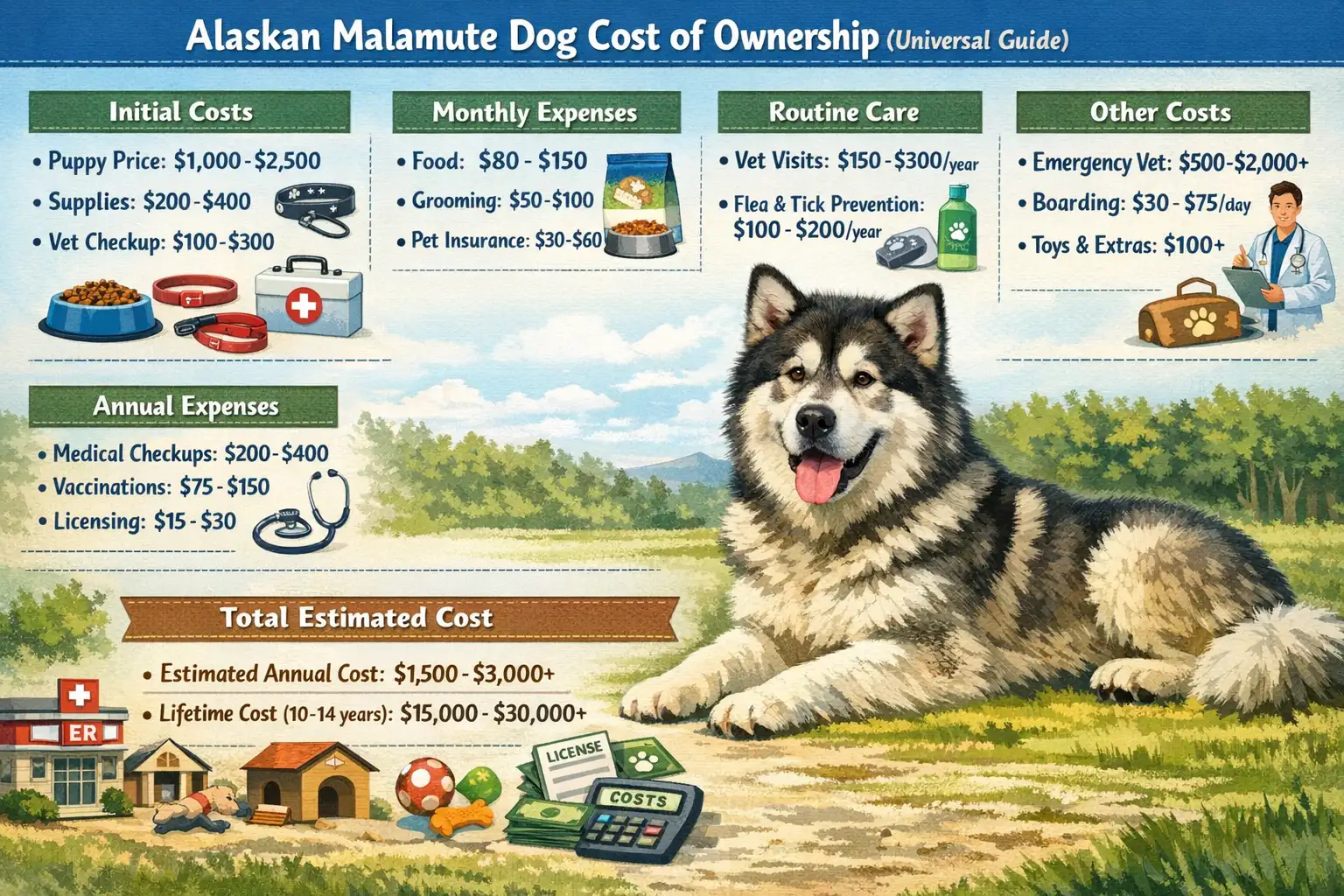 Alaskan Malamute standing outdoors with ownership cost breakdown including purchase price, food, grooming, veterinary care, and lifetime expenses