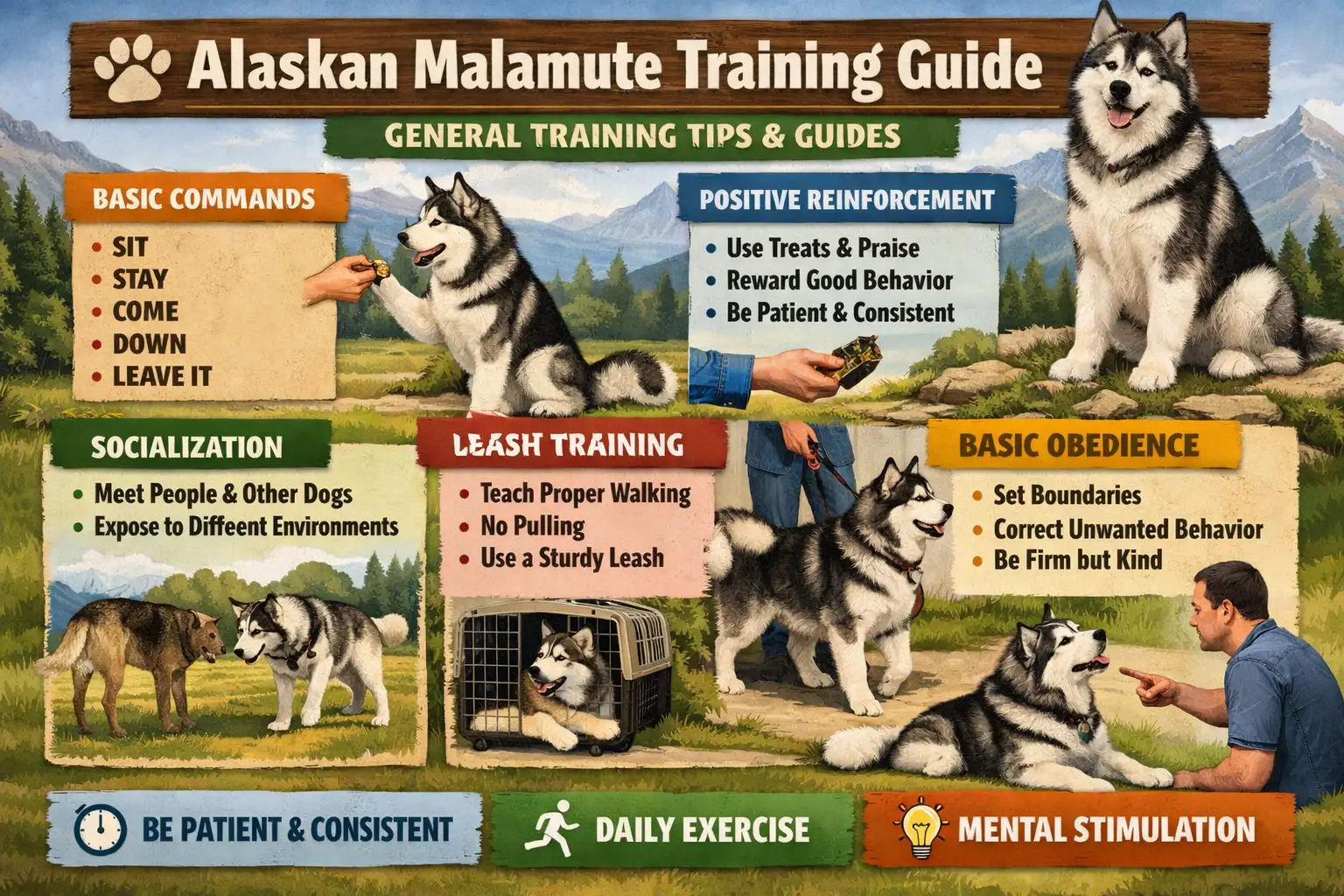 Owner training an Alaskan Malamute using positive reinforcement techniques