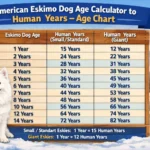 Adult American Eskimo dog sitting calmly, representing age milestones and lifespan stages