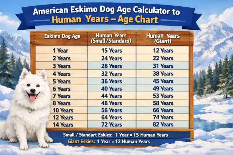 Adult American Eskimo dog sitting calmly, representing age milestones and lifespan stages