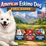 Adult American Eskimo dog with a fluffy white coat, upright ears, and curled tail standing outdoors