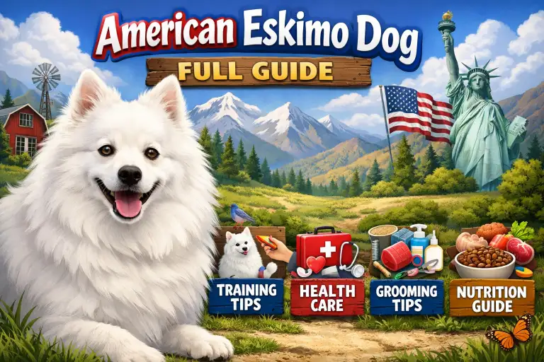 Adult American Eskimo dog with a fluffy white coat, upright ears, and curled tail standing outdoors