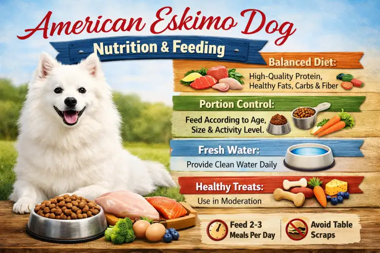 American Eskimo dog eating from a food bowl, maintaining a healthy weight under its dense coat