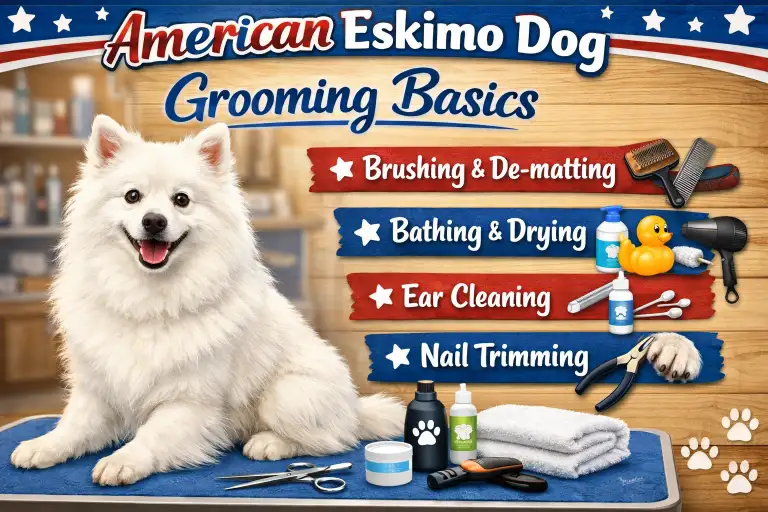 American Eskimo dog being brushed, highlighting its thick double coat and fluffy appearance