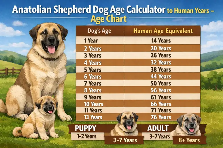Anatolian Shepherd Dog age calculator showing dog years to human years age chart