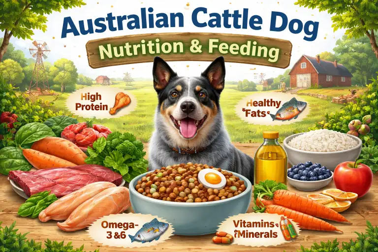 Australian Cattle Dog eating a balanced meal for healthy nutrition, energy, and weight control