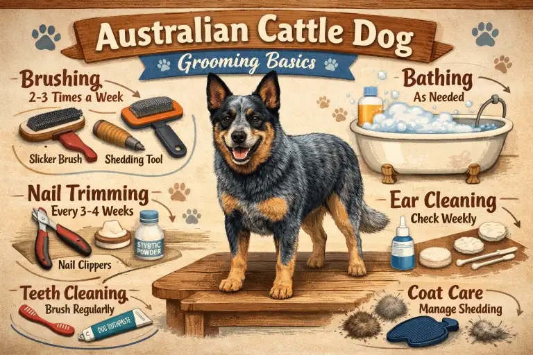 Australian Cattle Dog being brushed to manage shedding and maintain its short double coat