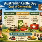 Australian Cattle Dog at home with supplies representing monthly, annual, and lifetime ownership costs.