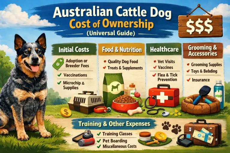 Australian Cattle Dog at home with supplies representing monthly, annual, and lifetime ownership costs.