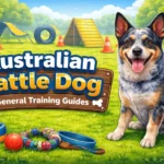 Australian Cattle Dog practicing obedience training outdoors with focus and control.