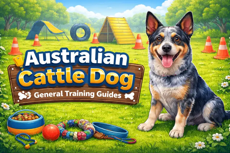 Australian Cattle Dog practicing obedience training outdoors with focus and control.