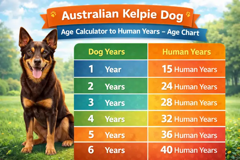 Adult Australian Kelpie dog sitting attentively, representing growth stages and lifespan