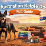 Australian Kelpie dog standing alert outdoors, showing its muscular build, pricked ears, and short dense coat