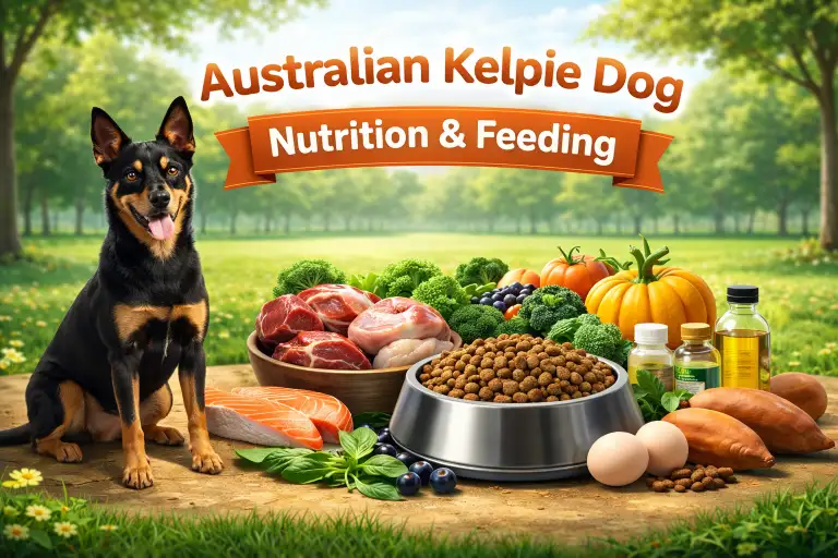 Australian Kelpie dog eating from a bowl after exercise, highlighting high-energy nutrition needs