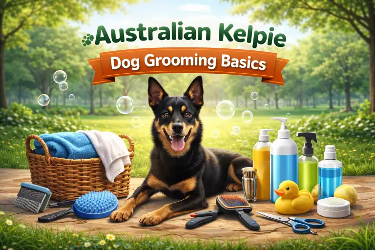 Australian Kelpie dog being brushed, showing its short weather-resistant coat