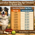 Australian Shepherd age chart showing dog years converted to human years for each life stage