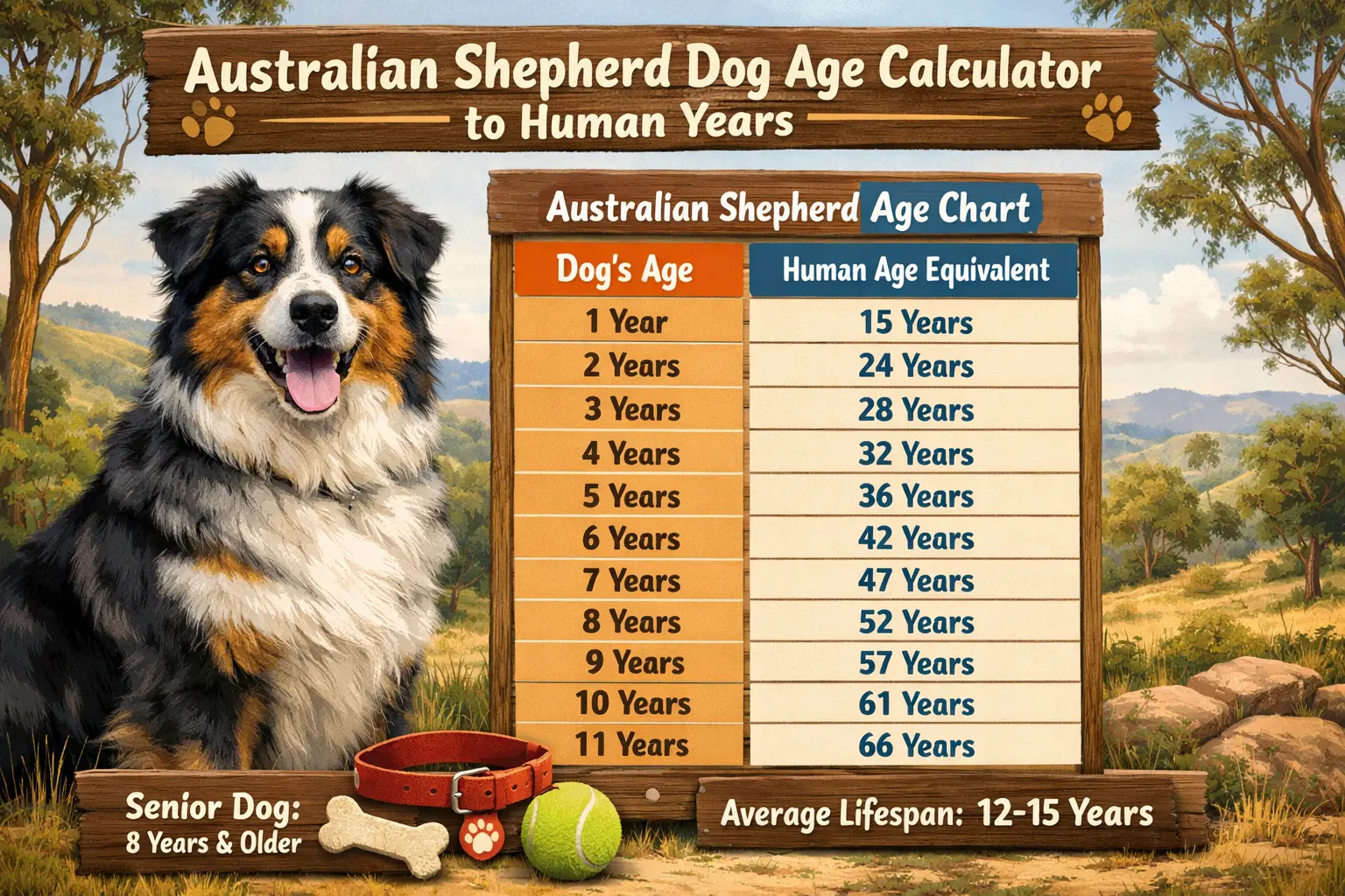 Australian Shepherd age chart showing dog years converted to human years for each life stage