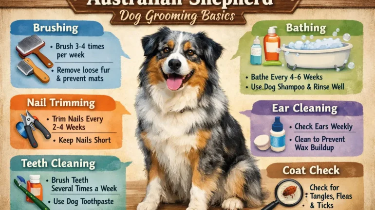 Australian Shepherd being brushed at home to maintain a healthy double coat