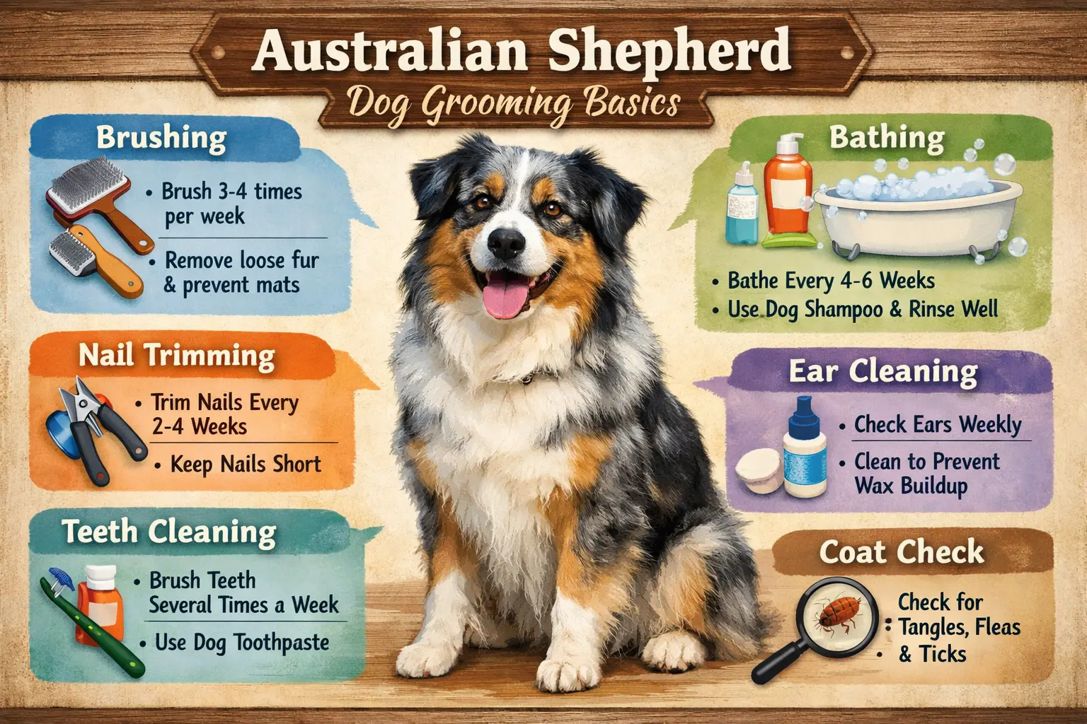 Australian Shepherd being brushed at home to maintain a healthy double coat