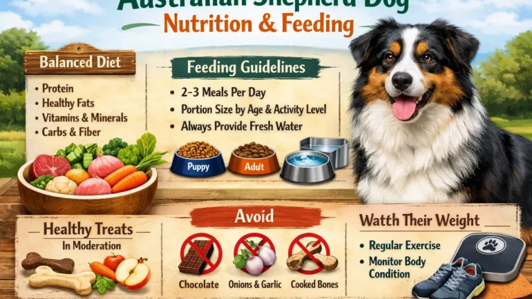 Australian Shepherd dog eating healthy dog food from a bowl