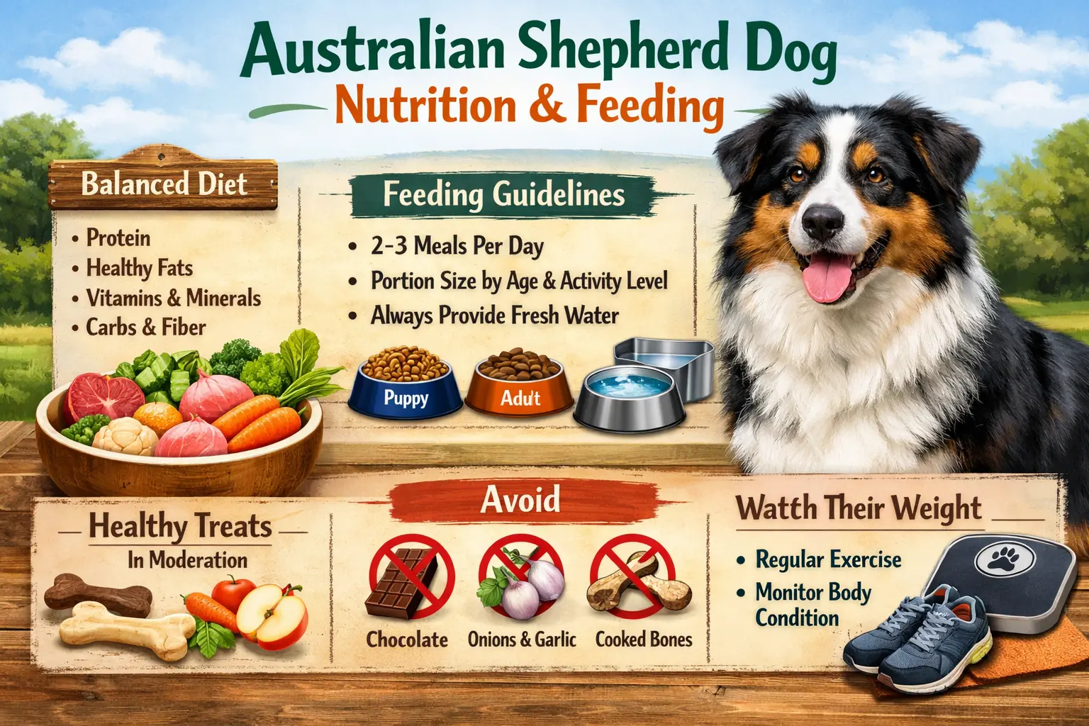 Australian Shepherd dog eating healthy dog food from a bowl