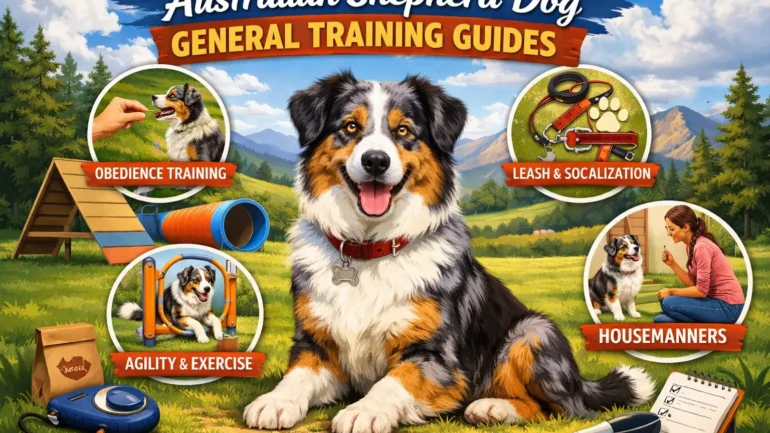 Australian Shepherd dog learning basic training commands with owner